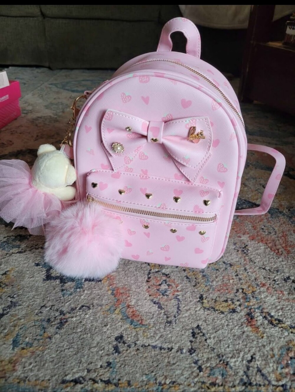Under One Sky | Pink Heart Bow Mini Backpack with Pom Pom Charm
